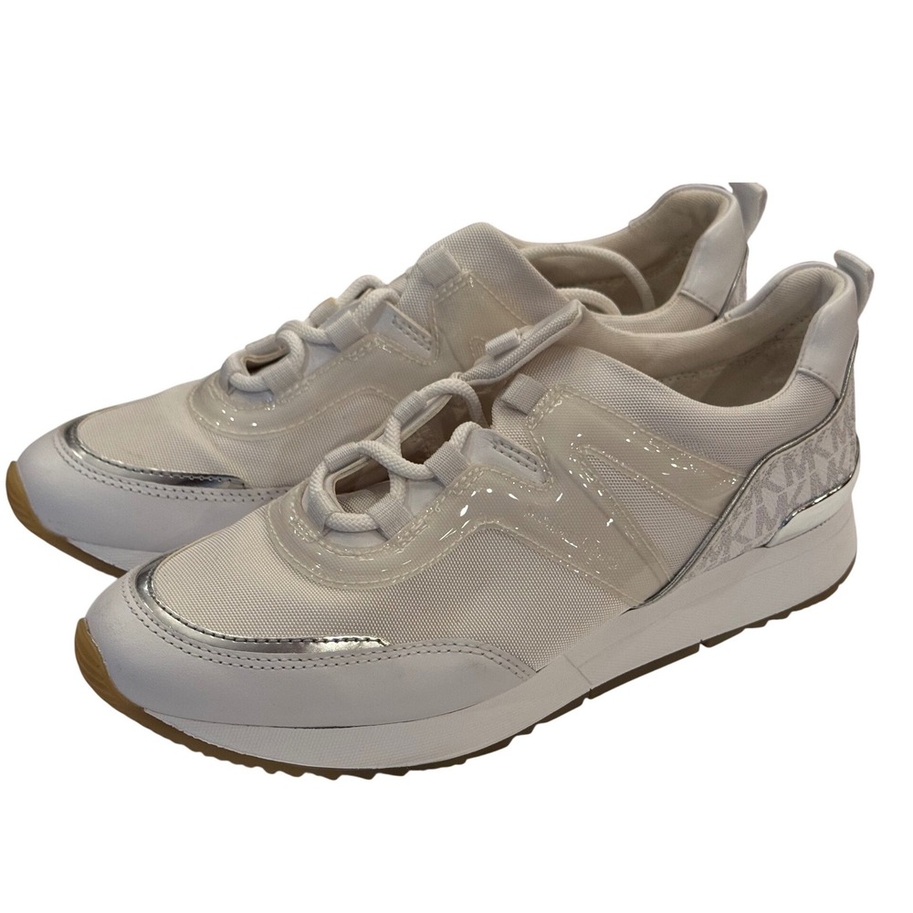 Michael Kors Womens White Silver Georgie Mixed Media Low Top Sneakers Logo Shoes